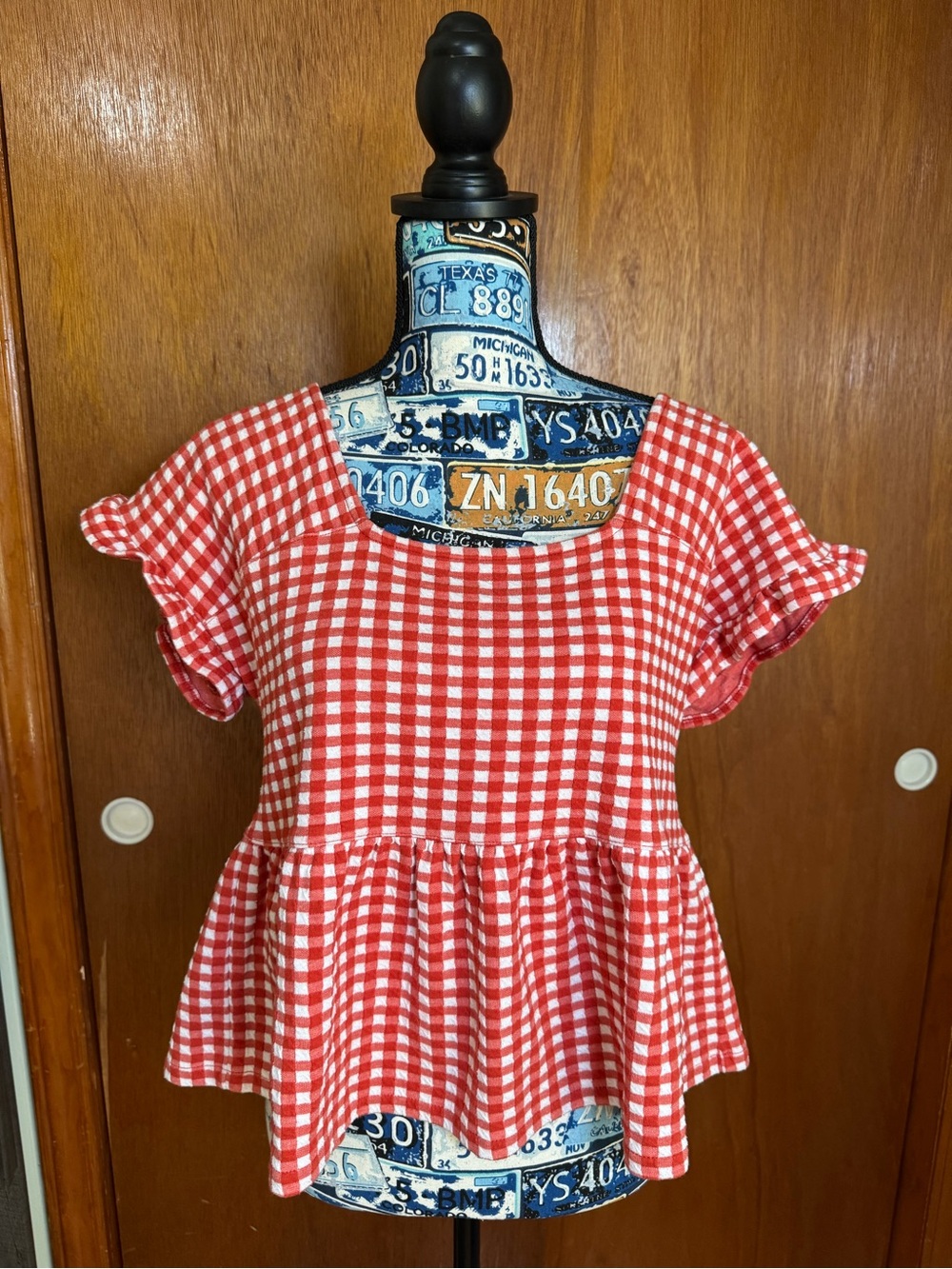 Madewell Women's Medium Red Gingham Peplum Casual Short Sleeve Top